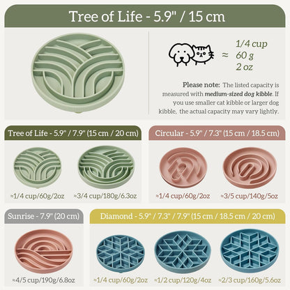 OHMO Slow Feeder Dog& Cat Bowl, Silicone Puppy Cat Food Bowl with Anti-Slip Suction Cup Slow Down Small Dogs Eating, Anti Choking (S-Tree of Life,Sage Green)