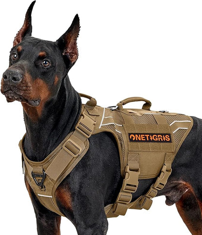 OneTigris Tactical Dog Harness for Large Dogs, Adjustable Tactical Dog Harness with Handles, Reflective Vest Heavy Duty & Breathable Military Assistance Vest with No Pull Buckle, Brown