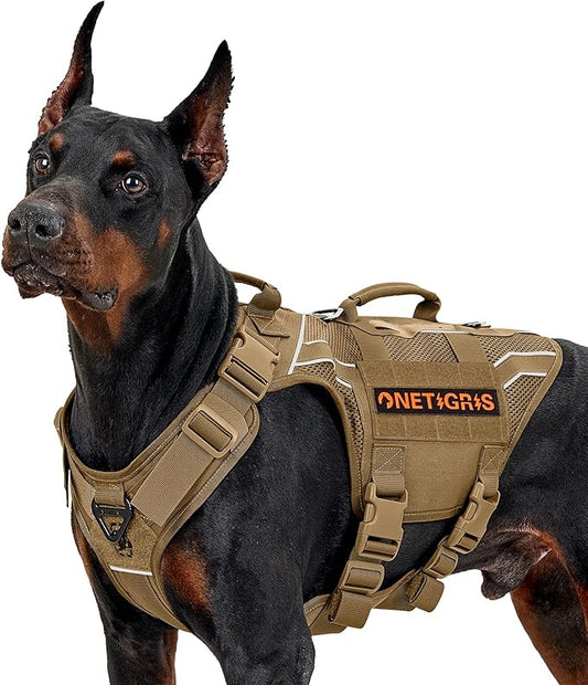 OneTigris Tactical Dog Harness for Large Dogs, Adjustable Tactical Dog Harness with Handles, Reflective Vest Heavy Duty & Breathable Military Assistance Vest with No Pull Buckle, Brown