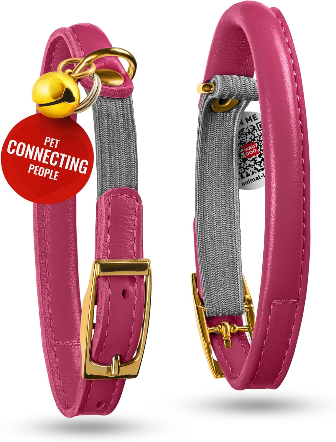 WAUDOG Ultra Soft Rolled Leather Cat Collar with Removable Bell, Safety Elastic Strap and QR ID Tag - Soft Padded for Small, Medium, and Large Cats - Round Kitten Collar for Male and Female Cats