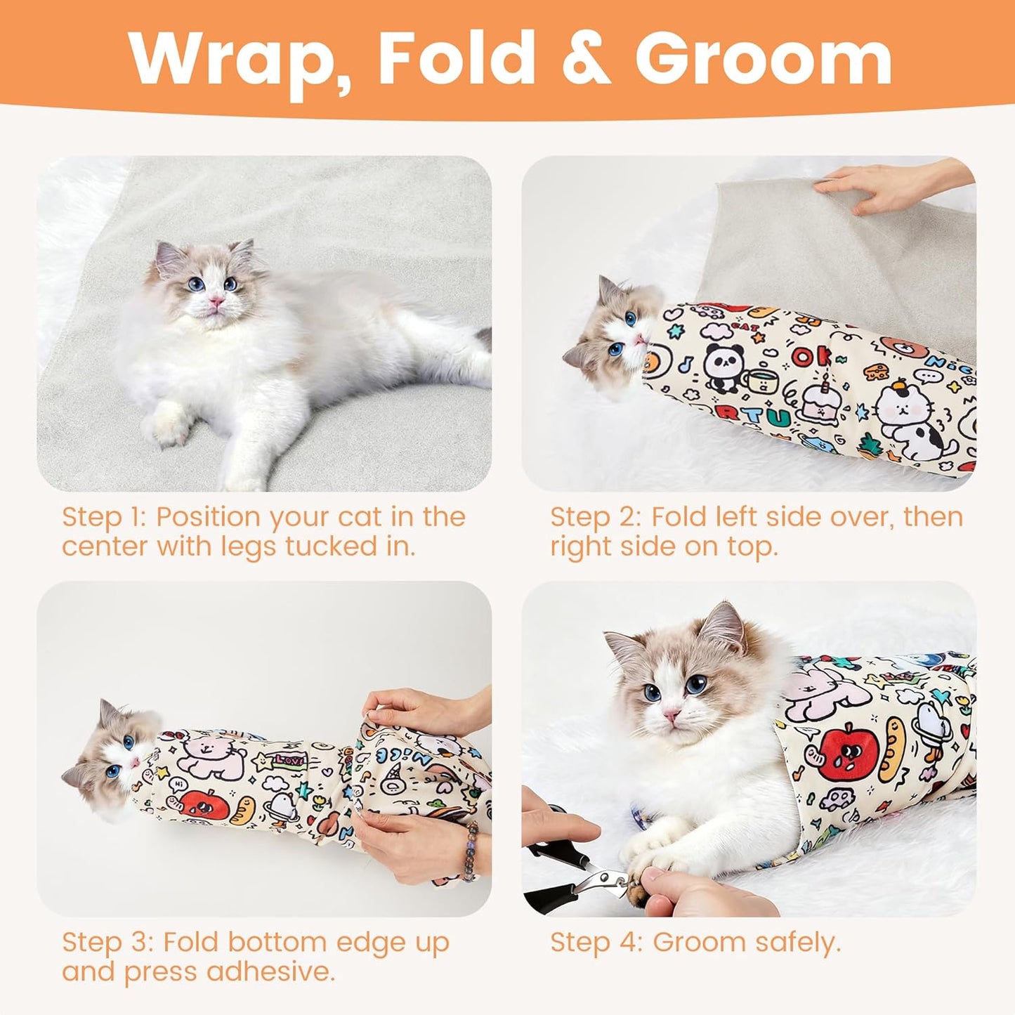 Cat Grooming Wrap – Self-Adhesive Burrito for Stress-Free Nail Trimming, Grooming & Medication – Soft, Machine-Washable, Fits Cats up to 15 lbs