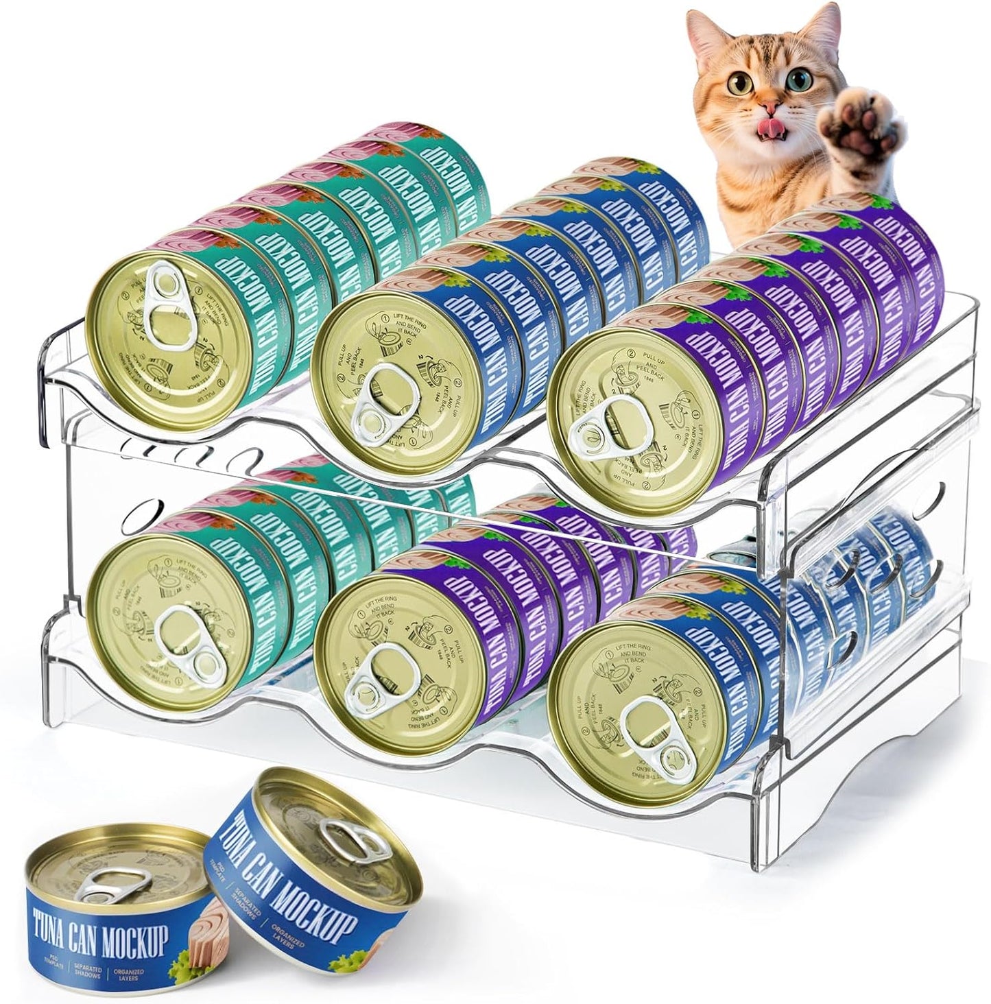 REFLYING Cat Food Can Organizer, Can Organizer for Pantry, Transparent Cat Food Storage Container Holds 36 (3.5oz) Cans, Canned Food Organizer and Storage for Countertop Kitchen Cabinet (2 Layers)