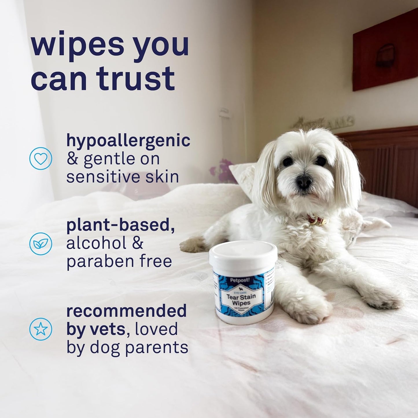 Petpost Tear Stain Remover Wipes for Dogs | 100 Count Gentle Eye Wipes with Juniper Berry & Coconut | Dog Face Wipes for Tear Stains & Eye Discharge | Soft Cotton Pads, Bleach Free