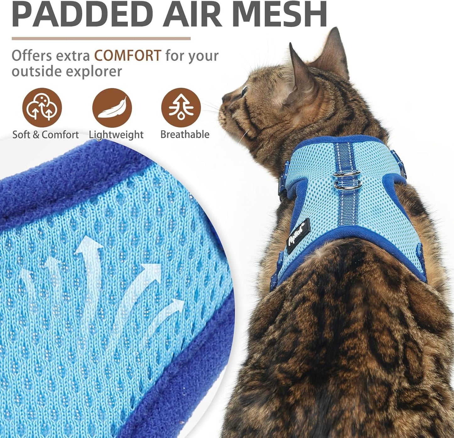 PUPTECK Cat Harness and Leash Set Escape Proof, Reflective Adjustable Soft Mesh Kitten Vest Harness for Walking Travel, Blue, M