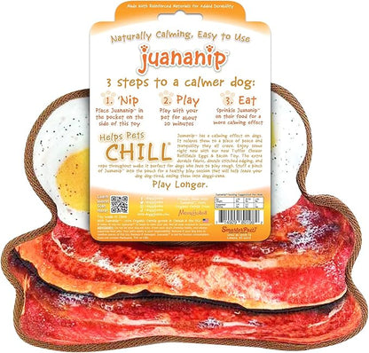 Doggijuana Tuffer Chewer Plush Dog Toy | Funny Dog Toy Plush with Juananip Catnip for Dogs | Calming Aid for Dogs | Interactive Squeaky Chew Toy for Play (Eggs & Bacon)