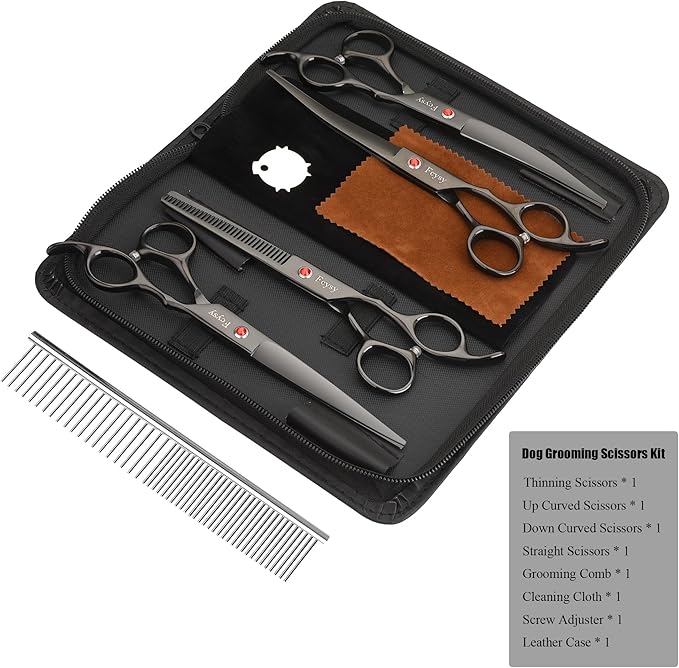 Dog Grooming Scissors Kit, Fcysy Professional Pet Hair Cutting Shears Set with Curved & Straight Blades Scissors Thinning Shears– Stainless Steel Grooming Tools for Dogs & Cats at Home