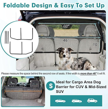 Dog Car Barrier Escape-Proof, 46" Wide Car Divider for 3rd Row Seats & Cargo Area, Durable Cargo Area Dog Car Gate Trunk Barrier with See Through Net Mesh for Small Sized SUV & Vehicles Or Hatchback
