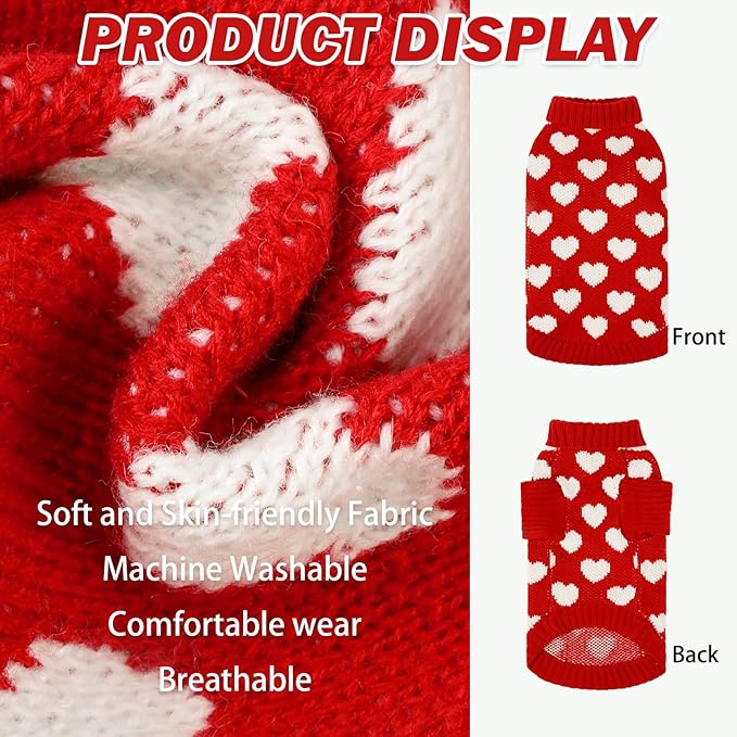 KOOLTAIL Cat Sweater Turtleneck - Soft Knit Cat Christmas Sweater, Heart Love Pattern Thick Warm Cold Weather Clothes for Small, Medium, Large Size Kitten, Puppy, Girls Red