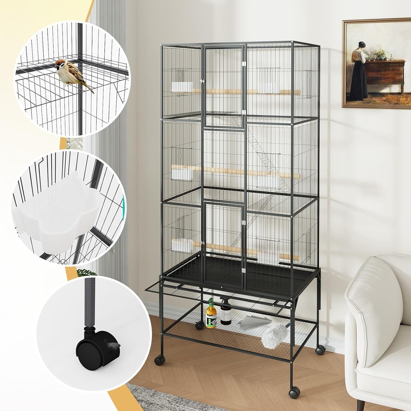 69inch Large Bird Cage Parrot Cage Metal Parrot Flight Cage for Budgie Parakeet Conure, Feeders, Ladders, Perches, Slide-Out Tray Rolling Cockatiel Cage for Mid-Sized Parrots Detachable Storage Stand