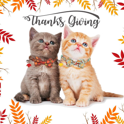 ADOGGYGO 2 Pack Fall Cat Collar with Removable Bow Bell, Brown Green, Halloween Thanksgiving Fall Collars for Cat Kitten