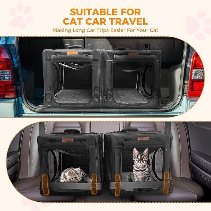 PETUX 2-in-1 Double Cat Carrier for Multiple Cats - Large Cat Travel Carrier with Litter Box, Play Tunnels, and Hammock - Portable Pet Carriers for Long Car Trips ＆ Vet Visit (34"x17"x17", Black)