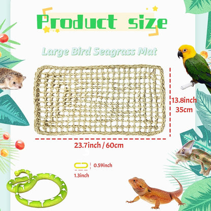 Large Bird Seagrass Mat 24 × 14 ''Natural Seagrass Woven Bird Net Hammock Climbing Rope Ladder with Hooks Chew Toy for Parrot Guinea Pig Lovebird Cockatiel Pigeon
