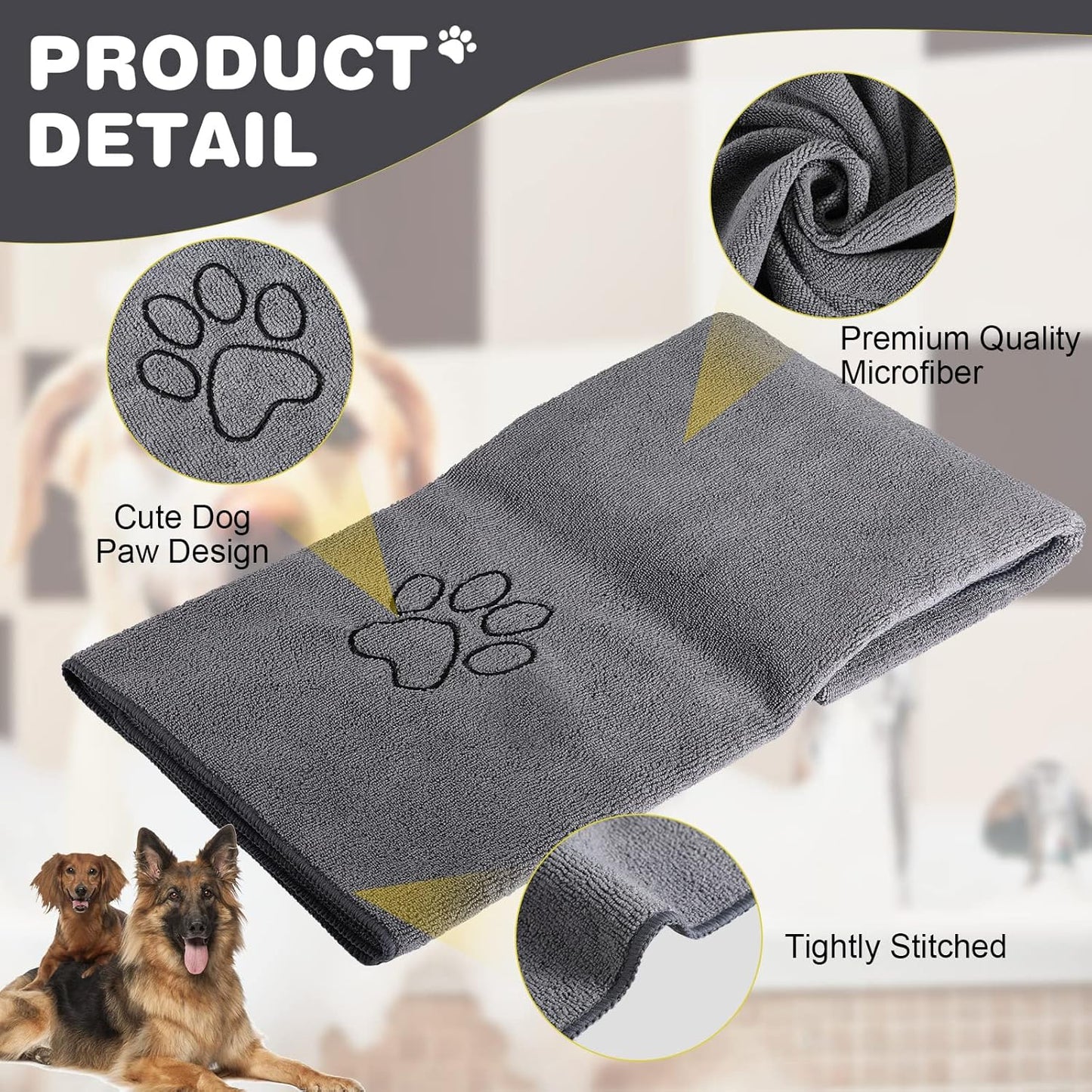 Chumia 4 Pack Dog Towels for Drying Large Microfiber Grooming Tools Absorbent Soft Bath Supplies with Embroidered Paw for Small Medium Pet Products(16 x 32 Inch,Gray)