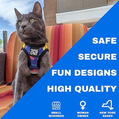 Travel Cat Harness and Leash Set - Adjustable Fit Mesh Harness and Reflective Strap - Comfort Walking Vest for Kitten for Outdoor Walking, Hiking (Large, 90s Cat)