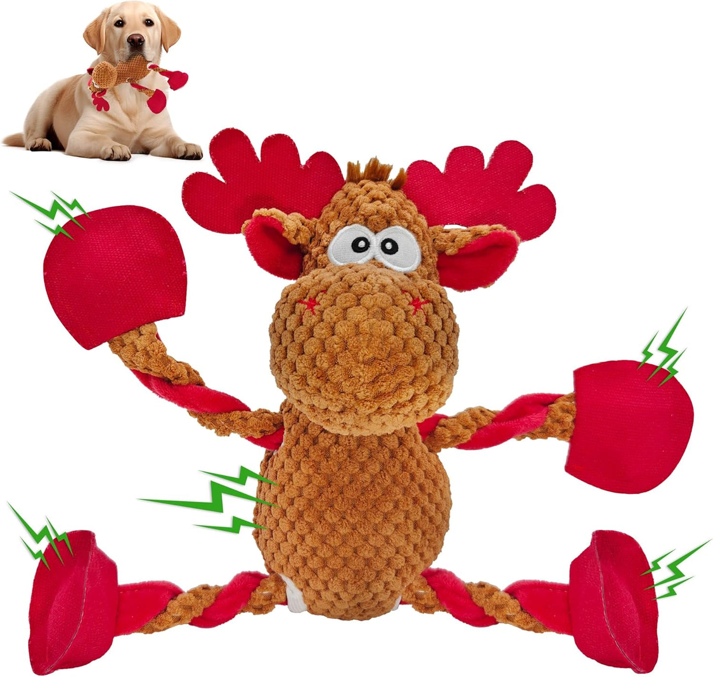 Christmas Squeaky Dog Toys, Stuffed Large Dog Toys to Keep Them Busy, Interactive Plush Chew Toys with Crinkle Paper, Tough Pet Animal Toys for Small Medium Large Dogs (Red Elk)