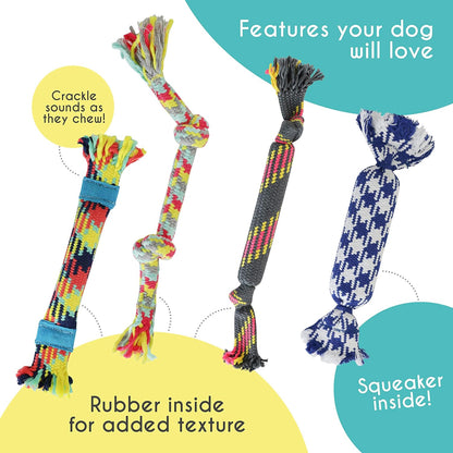 rocket & rex Dog Rope Tug Set for Small Breeds, Includes Ropes with Rubber Interiors, a Squeaker & Crackle Lining, Reduces Destructive Chewing & Anxiety (Pack of 4)