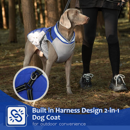 Dog Winter Coat with Harness, Dog Jacket, Pet Clothes with Zipper on Back, Waterproof Windproof Warm Vest, Reflective Cold Weather Coats, for Small Medium Large Dogs, Thick, Blue, L