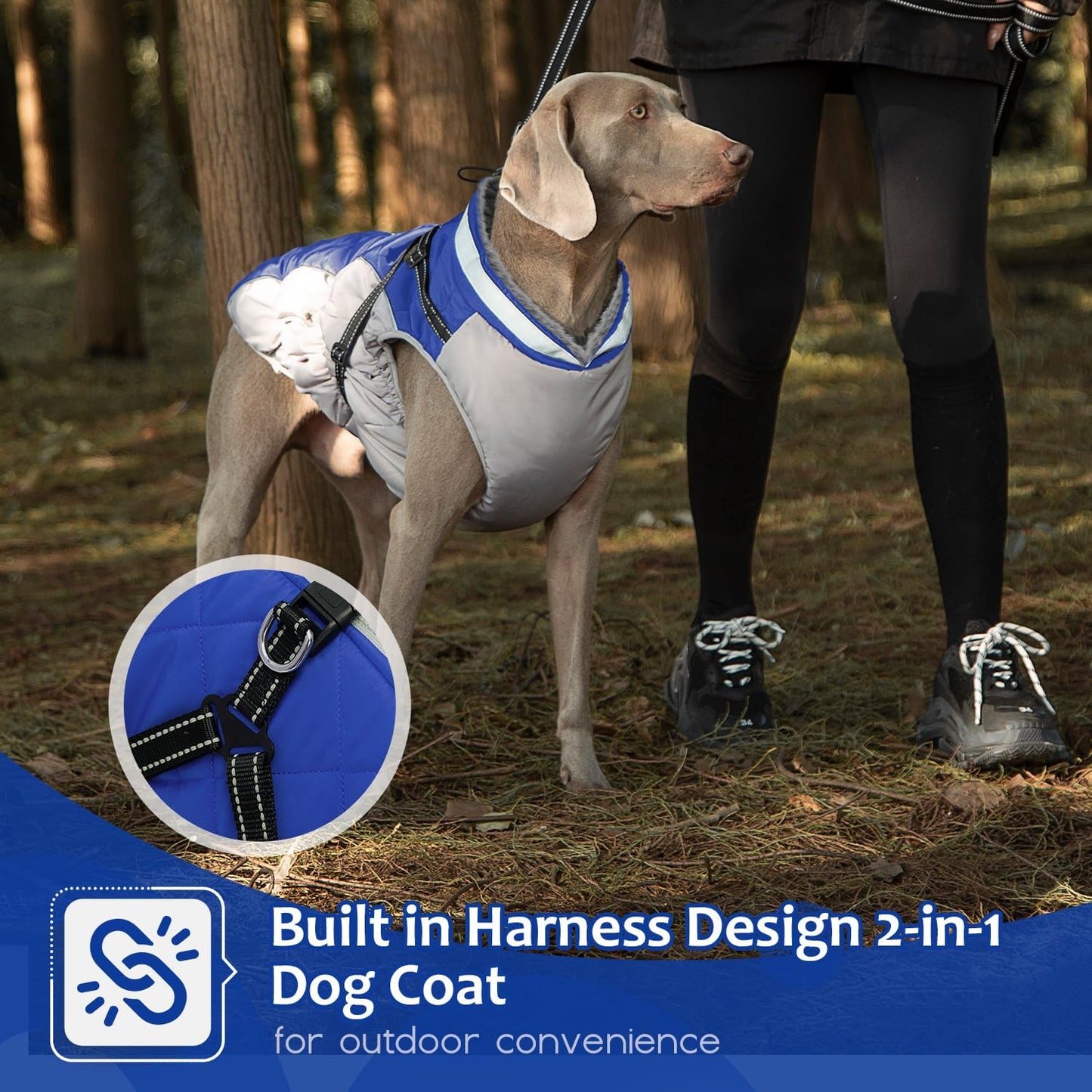 Dog Winter Coat with Harness, Dog Jacket, Pet Clothes with Zipper on Back, Waterproof Windproof Warm Vest, Reflective Cold Weather Coats, for Small Medium Large Dogs, Thick, Blue, 2XL