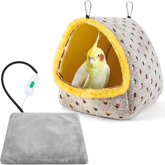 Heated Bird Cage for Large Parrots - 9.8x9.8x11 Inches Warm Bird Bed House with 3-Speed Adjustable Heating Pad, Sturdy Hanging Design for Macaws, African Greys, Amazon Parrots