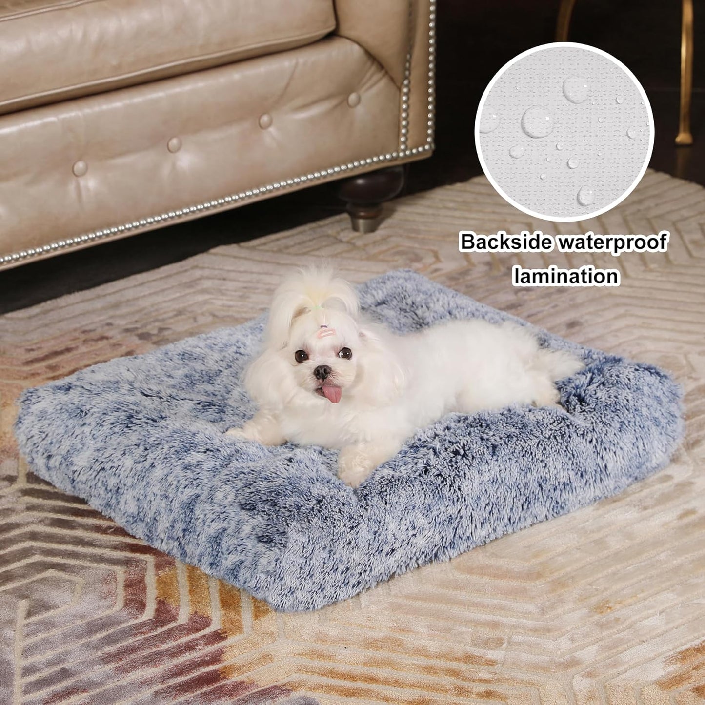 Bedfolks Waterproof Crate Bed, Plush Dog & Cat Bed with Removable Washable Cover, Faux Fur Kennel Pad, 23"x18", Dark Blue