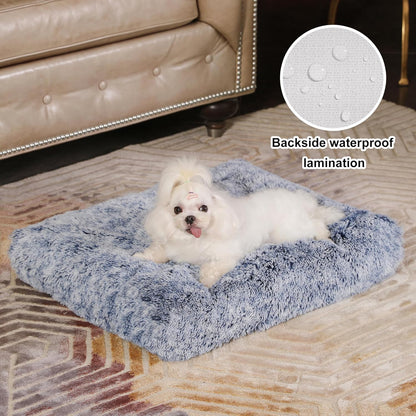 Bedfolks Plush Dog Crate Bed, Washable Cover, Faux Fur Pad, 21"x13", Dark Blue