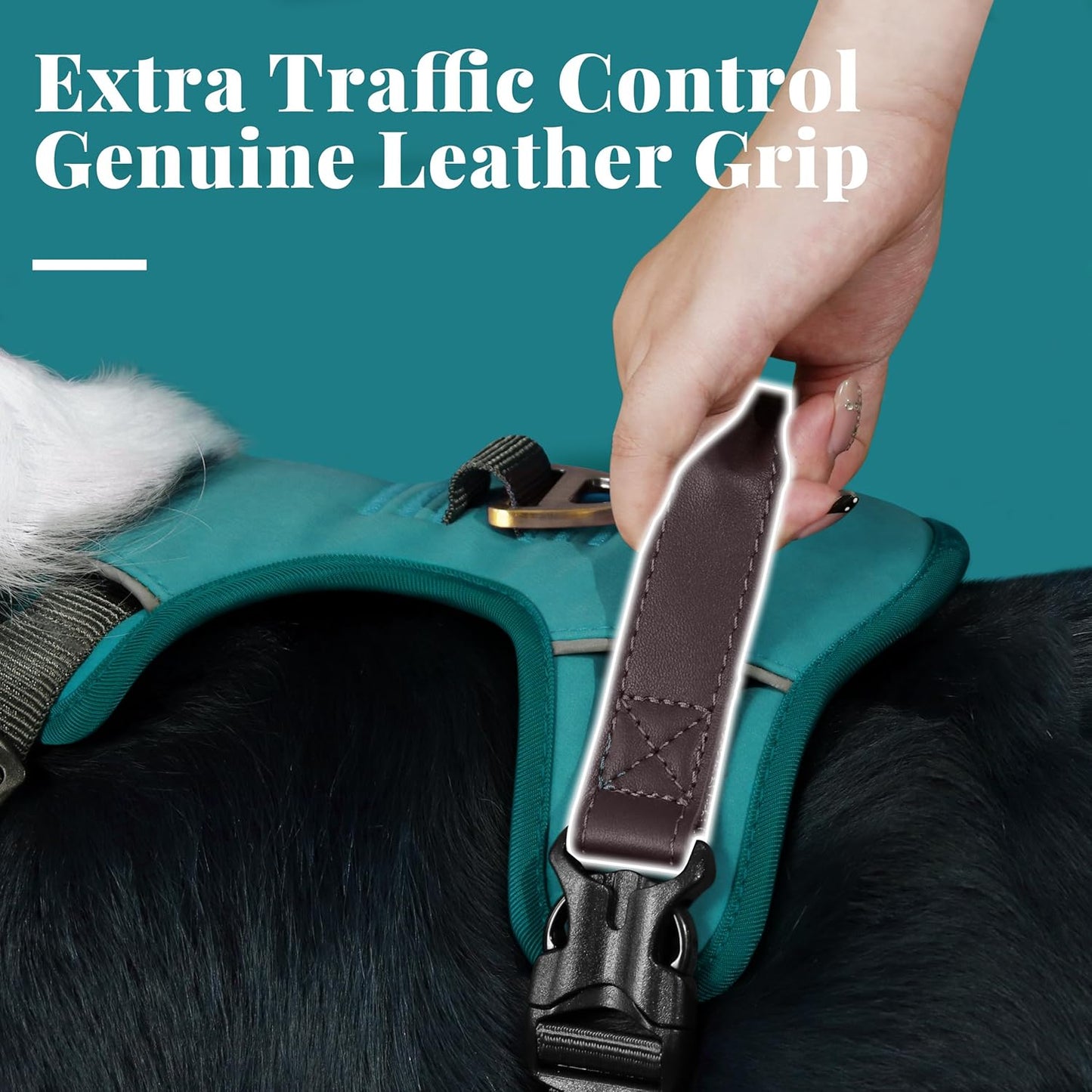 No Pull Dog Harness Medium Sized Dog,Stylish PU Leather Vest with Easy Control Handle,No Choke Front Clip with 2 Metal Leash Clips,Reflective & Adjustable for Walking,Light Blue,Chest 27-33"