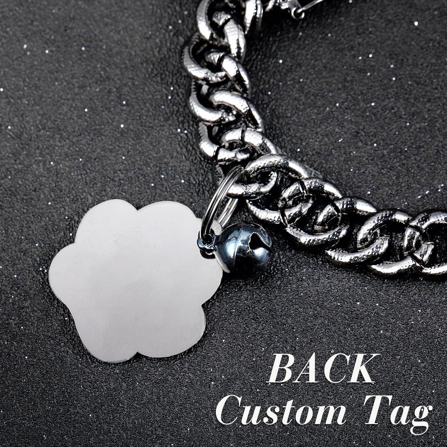 Hillban Cat Collar Diamond Chain Glitter Collar Walking Metal with Secure Buckle Cat Pet Necklace with Paw Charm and ID Tag Bell Link Cuban Jewelry Accessories(8 Inch,Steel Black, White)