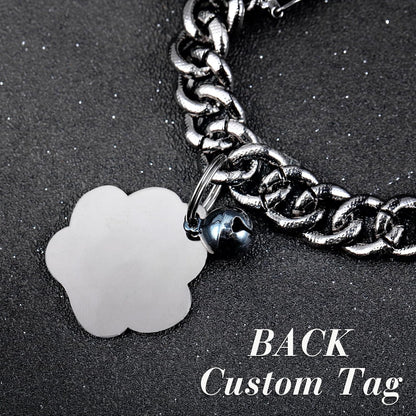 Hillban Cat Collar Diamond Chain Glitter Collar Walking Metal with Secure Buckle Cat Pet Necklace with Paw Charm and ID Tag Bell Link Cuban Jewelry Accessories(8 Inch,Steel Black, White)