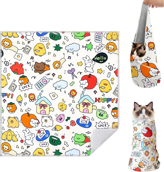 Cat Grooming Wrap for Cutting Nails, 27.5 * 27.5in Self-Adherent Cat Scratching Blanket for Nail Clipping Ear Cleaning Teeth Brushing Cats Anti-Scratch/Escape Swaddle Restraint Bag (Yellow)