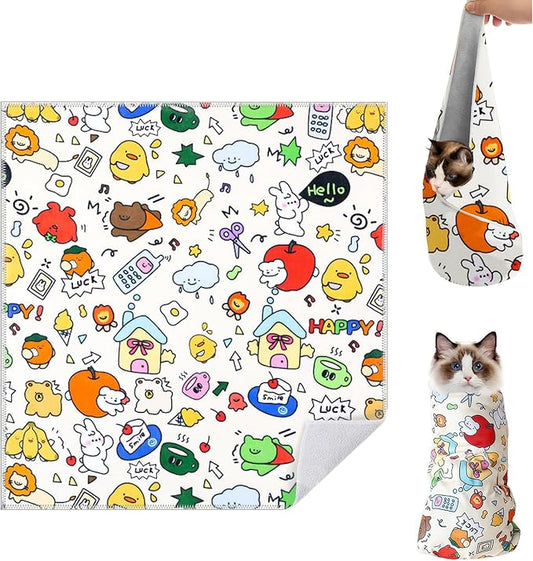 Cat Grooming Wrap for Cutting Nails, 27.5 * 27.5in Self-Adherent Cat Scratching Blanket for Nail Clipping Ear Cleaning Teeth Brushing Cats Anti-Scratch/Escape Swaddle Restraint Bag (Yellow)