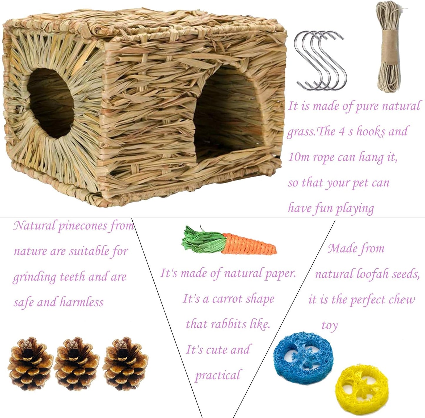 Bunny Grass House-Hand Made Edible Natural Grass Hideaway Comfortable Playhouse for Rabbits, Guinea Pigs and Small Animals to Play,Sleep and Eat (style3)