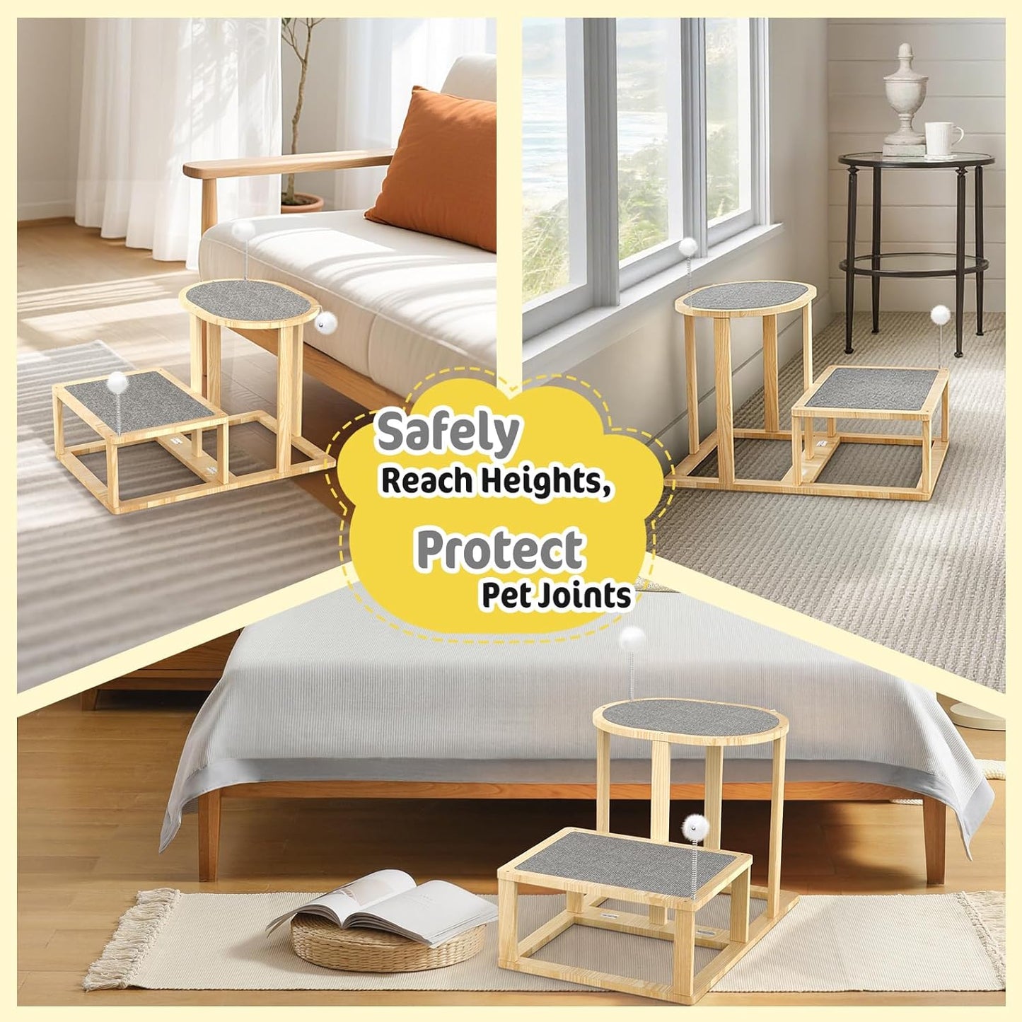 Pawaboo Cat Beds and Stairs, 2-Step Kitten Scratcher Hammock Bed with Cat Teasers & Hanging Ball, Wooden Kitties Hammock Staircase for High Beds Couch,Stair Shaped Cats Bed for Indoor Climbing Playing