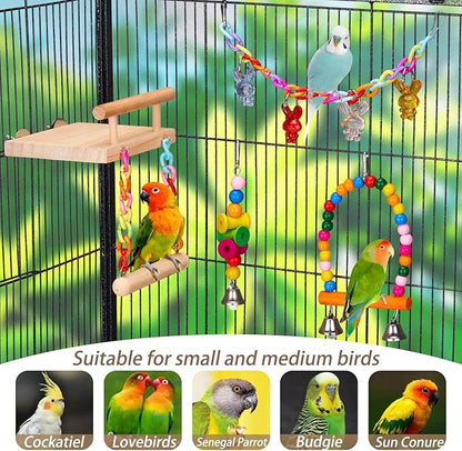 11Pcs Bird Parakeet Toys Wooden Bird Platform Stands Swing Hanging Chewing Toy Parrot Climbing Ladder Colorful Bird Cage Toys for Parakeet, Conure, Cockatiel, Love Birds, Finches