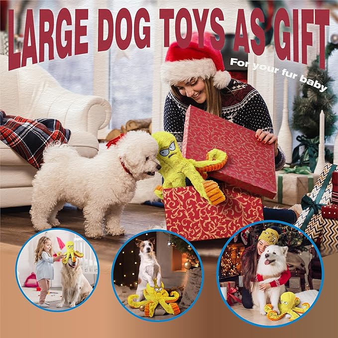 LEGEND SANDY Tough Dog Toys, Stuffed Chew Large Dog Toys to Keep Them Busy, Interactive Squeaky Tug of War Doggie Toy, Crinkle Yellow Octopus