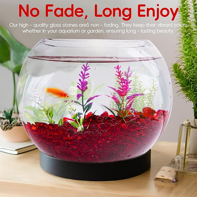 Meschett Colorful Glass Stones, 0.97 LB Fish Tank Gravel, Small Irregular Rainbow Aquarium Gravel for Aquarium Decorations and Turtle Tank, Sea Glass Beads Crystals for Fish Bowl, Vase Filler,Red