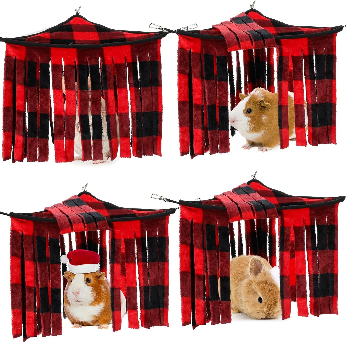 Huwena 4 Pcs Guinea Pig Hideout Christmas Plaid Fleece Hideaway Toys Cage Accessories Small Animals Corner Triangular Hammock Hamster Ferret Playing Sleeping Bed for Hedgehog Bunny Chinchillas