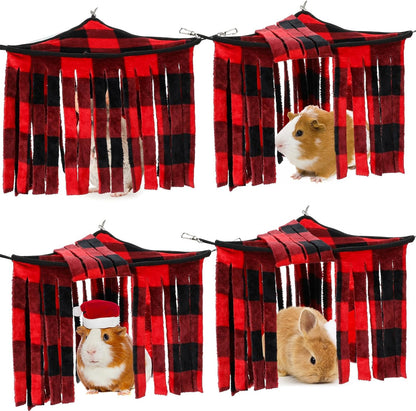 Huwena 4 Pcs Guinea Pig Hideout Christmas Plaid Fleece Hideaway Toys Cage Accessories Small Animals Corner Triangular Hammock Hamster Ferret Playing Sleeping Bed for Hedgehog Bunny Chinchillas