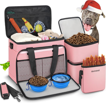 6 Set Dog Travel Bag, Large Pet Supplies for Dogs, Includes 2 Collapsible Dog Bowls, 2 Food Containers, 1 Treat Pouch with Pet Travel Bag, Pink