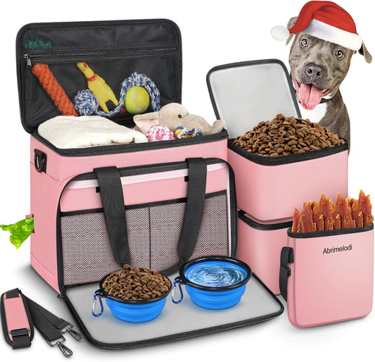 6 Set Dog Travel Bag, Large Pet Supplies for Dogs, Includes 2 Collapsible Dog Bowls, 2 Food Containers, 1 Treat Pouch with Pet Travel Bag, Pink