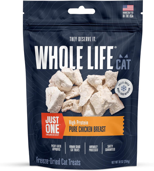 Whole Life Cat Just One Chicken Freeze Dried Cat Treats - Human Grade High Protein Food, Healthy Training Snacks, Freeze Dried Chicken Food Toppers, USA Made Natural Treats - 10 oz (Pack of 1)