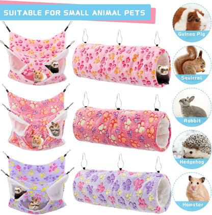 Sweetude 6 Pcs Rat Hammock Set Ferret Hanging Tunnel 3 Tier Guinea Pig Hammocks Hideout Soft Chinchilla Bed for Cage Accessories Hide,Play and Sleep(Dreamy,Paw)