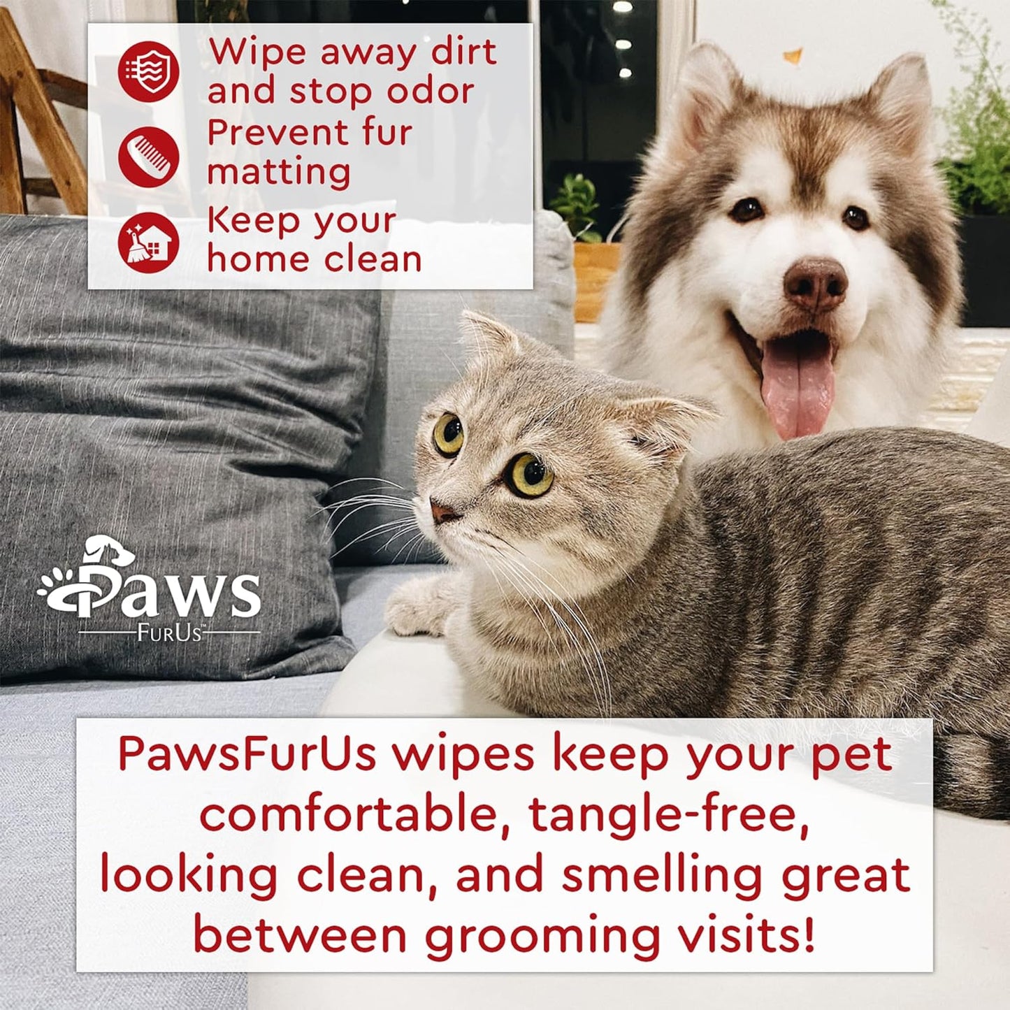 PawsFurUs® All-Natural Pet Wipes for Dogs & Cats - Doctor-Formulated for Total Pet Care with Antifungal & Antibacterial Protection, pH Balancing, Moisturizing, Deodorizing & Fast Itch Relief - 72ct.