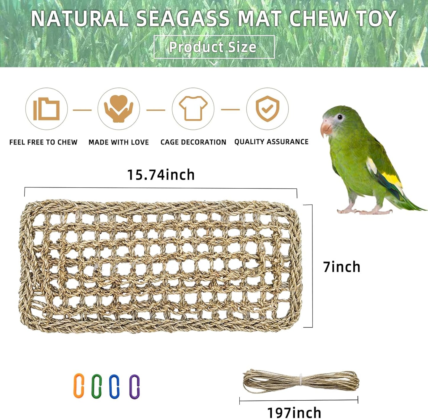Bird Seagrass Mat 16 × 7" Parrot Natural Grass Woven Net Hammock Parakeet Climbing Rope Ladder Mat Chew Toys Cage Accessories for Pigeon Cockatiel Conure Budgie Cockatoo Rat Hamster