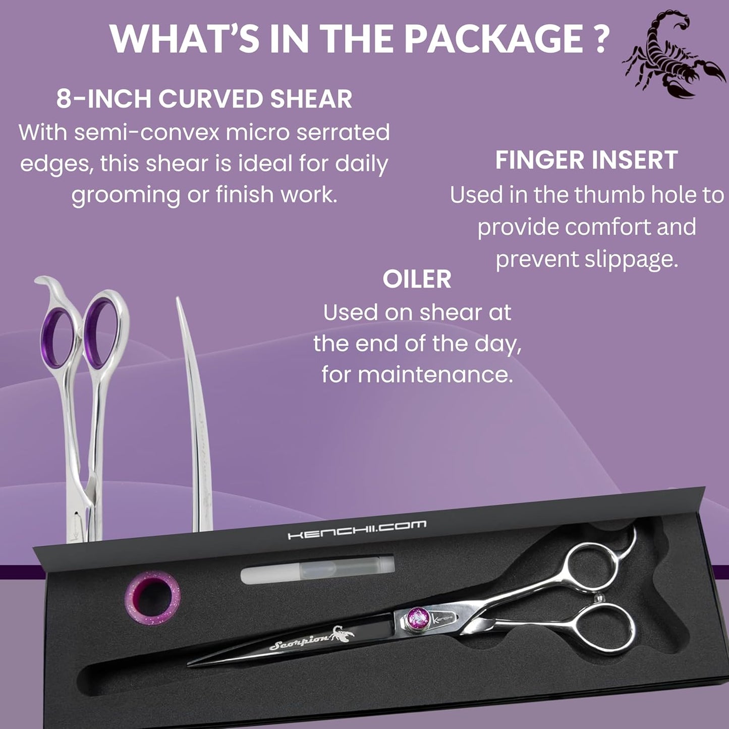 Kenchii Scorpion Dog Grooming Scissors, 8 Inch Curved Shears, Dog Scissors for Grooming, Professional Pet Grooming Scissors, Heavy Duty, Durable and Sharp