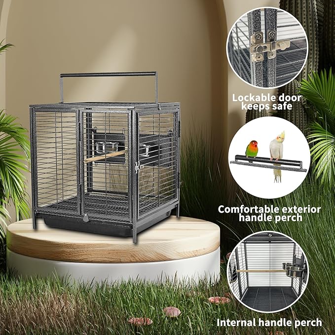 Portable Bird Travel Carrier Cage Black 19 Inch with Handle Wooden Perch,Parrot Travel cage Medium Birds for Cockatiels, Conures