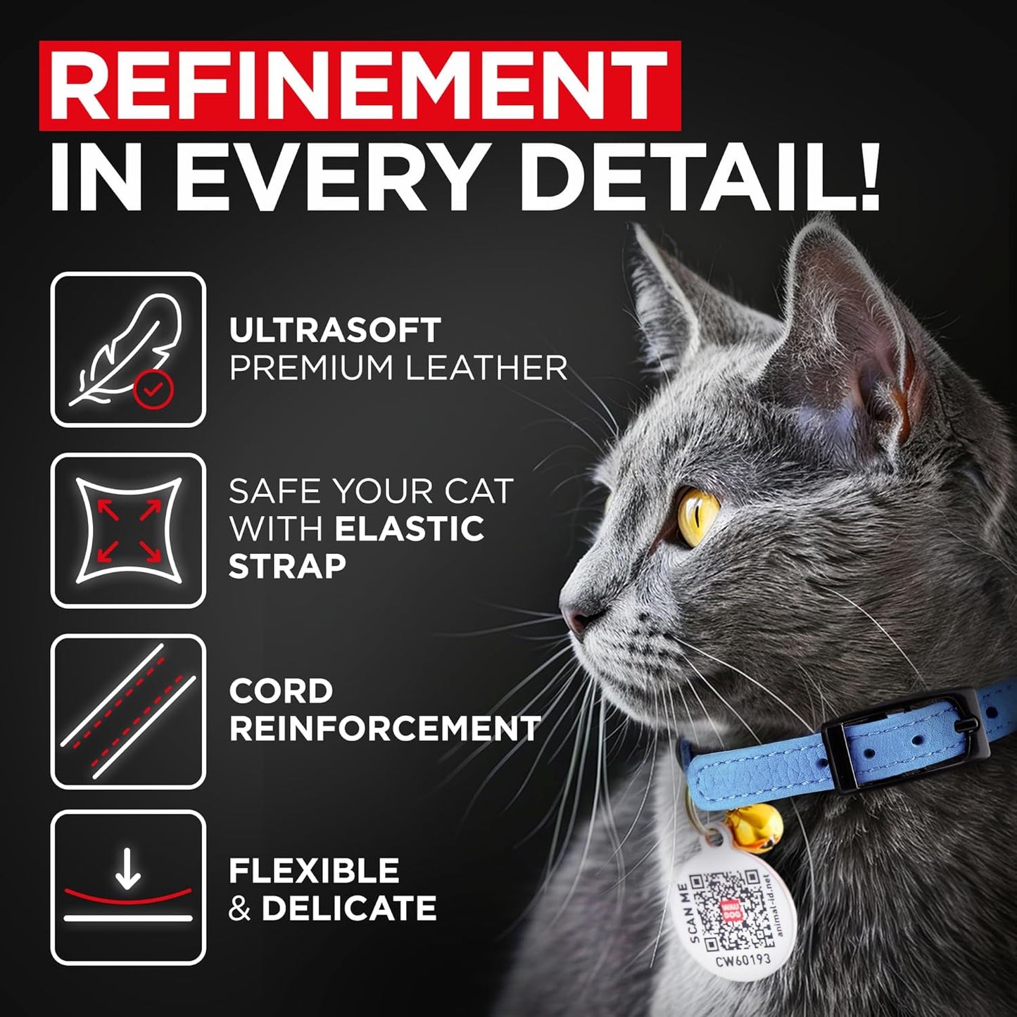 Leather Cat Collar with Bell and Safety Elastic Strap Breakaway Alternative for Small & Large Kittens, Stylish Pet Leather Collar for Boy, Girl Cats with Metal Buckle & QR ID Tag (Blue)