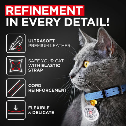 Leather Cat Collar with Bell & Elastic Strap - Pet Collar Leather - Kitten Collar - Small & Big Cat Collar for Boy & Girl Cats with Safety Elastic Strap (Blue, 8" - 12")