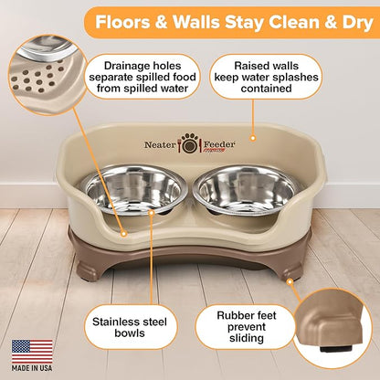 Neater Feeder Express Mess Proof Dog Bowls Elevated for Small Breeds under 15 Lb, Made in USA, No Spill Raised Dog Food Bowl Stand, Stainless Steel Food and Water Bowl Set, Feeding Station, Cappuccino