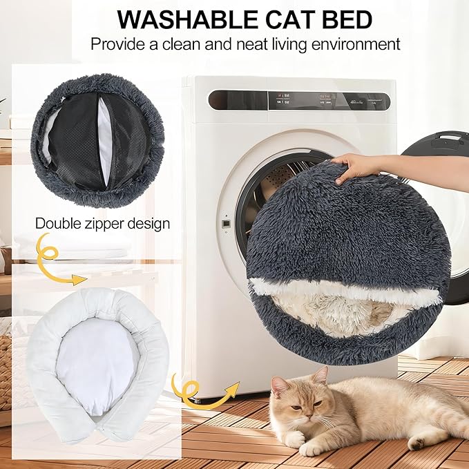 Calming Dog Beds & Cat Cave Bed with Hooded Cover,Removable Washable Round Beds for Small Medium Pets,Anti-Slip Faux Fur Fluffy Coved Bed for Improved Sleep,Fits up to 15/25 lbs(Dark Grey,20"x20")