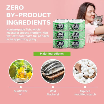 Pure Cravings Wet Cat Food Canned Mackerel Cutlets in Gravy, Every Catch is Mercury Tested, Moist Can Fish for Cats, Grain-Free, Protein, Non-GMO, Pack of 12